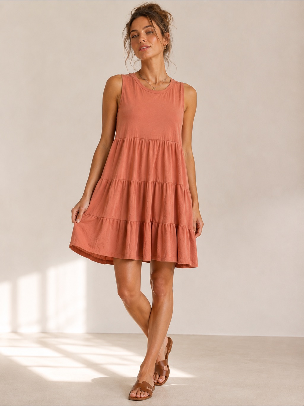 Entro Coral Tiered Babydoll Dress Sleeveless Mini Dress Nwot